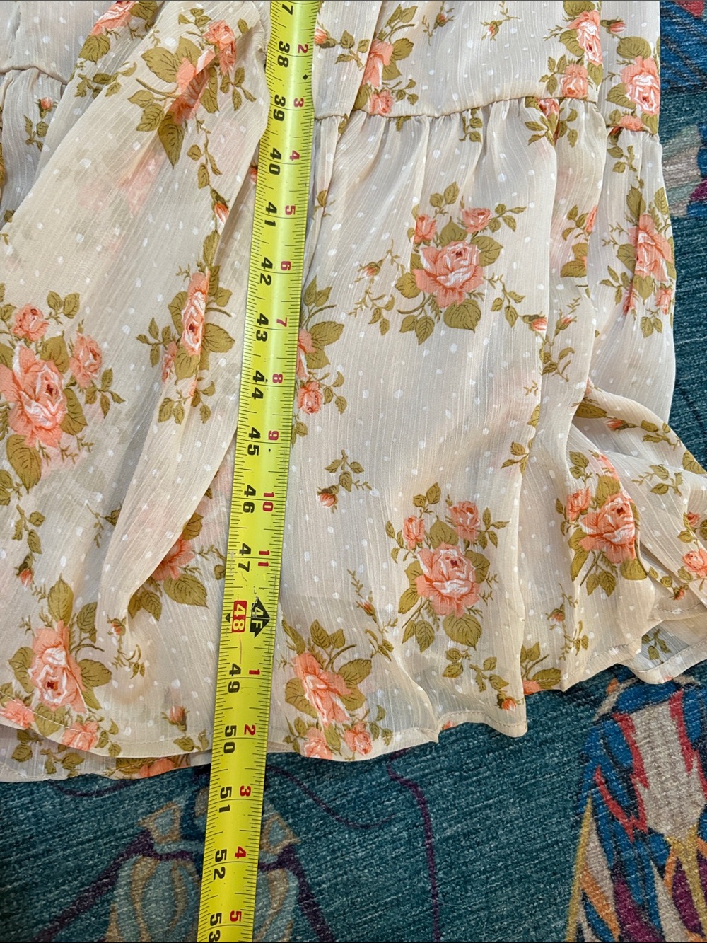 Storia Floral Tiered Tassel Midi Boho Dress in beige roses L - Picture 3 of 5